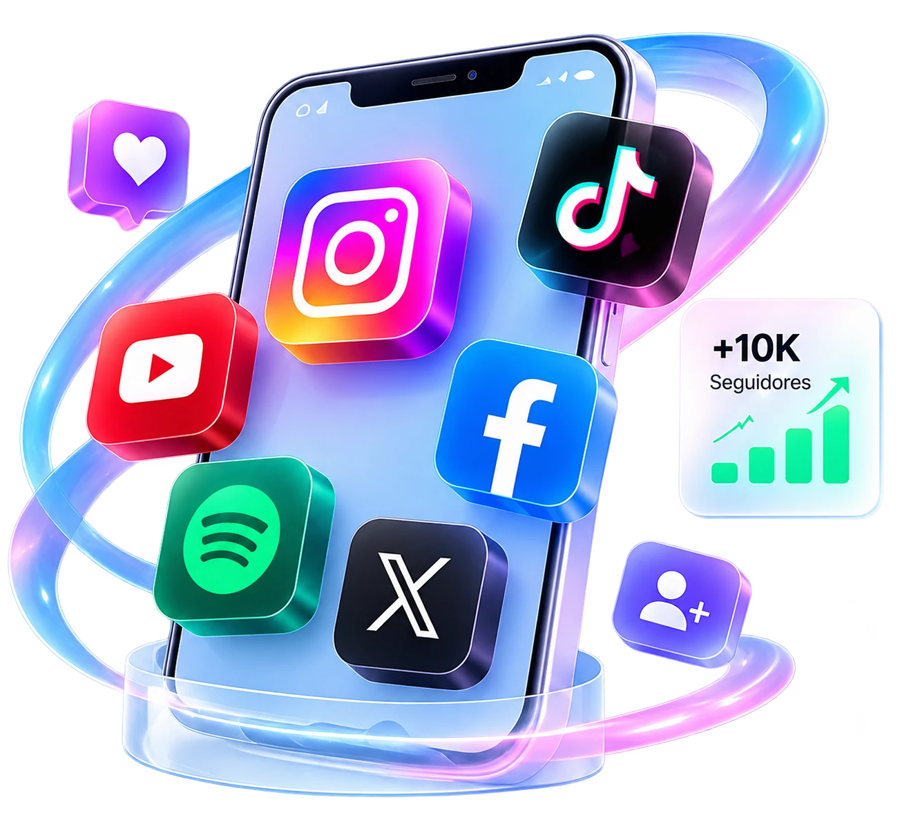 Celular con íconos tridimensionales de Instagram, TikTok, YouTube, Facebook, Spotify y X, rodeado de cintas celestes y violetas